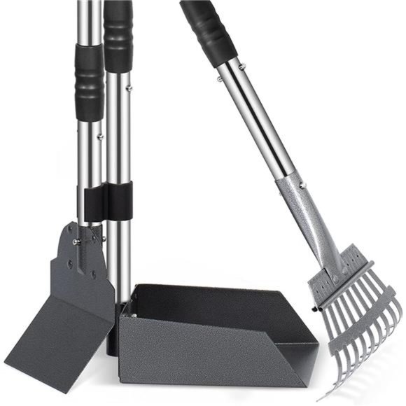 Dog Pooper Scooper, Dog Poop Tray and Rake Set with Long Stainless Handles - Picture 1 of 7
